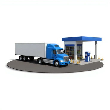 A large transport truck with a bright blue cab and white trailer is parked at a gas station. The truck has a shiny exterior and large wheels, creating a robust appearance. A gas pump is positioned beside the truck, with a fuel hose extended towards the truck's fuel tank. The gas station features a convenience store with large glass windows displaying various snacks and drinks. Nearby, there are a few yellow traffic cones placed to direct vehicles and a clear sky overhead, indicating daytime. The scene conveys a sense of a long journey, with the truck's cargo being securely strapped down in the trailer.