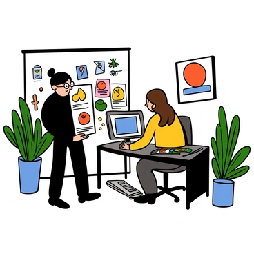 A graphic designer with light skin and short black hair is standing in a stylish office, holding a portfolio of illustrations open in front of them. The designer is wearing a black turtleneck and glasses. A client with medium skin and long brown hair is seated at a modern desk, looking attentively at the illustrations. The office is decorated with plants and contemporary art on the walls. Bright lighting enhances the professional atmosphere, and a computer and sketch pads are visible on the desk.