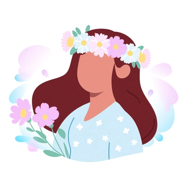 A young girl is standing in a field of wildflowers, wearing a flower crown made of fresh carnations in various colors, including pink, white, and yellow. Her hair is flowing loosely down her shoulders, complementing the vibrant colors of the crown. She is dressed in a light summer dress with delicate floral patterns. The background features a gradient of pastel colors, enhancing the joyful atmosphere of the scene.