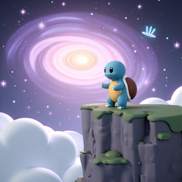 A Squirtle, with its bright blue shell and round face, is standing proudly on the edge of a rugged cliff. It gazes into the vastness of an infinite universe. The sky is filled with swirling colorful galaxies, displaying vibrant hues of purple, pink, and orange. In the distance, there is a shimmering crown, glowing with an ethereal light, adding a sense of wonder to the scene. The cliff is textured with rough stones and patches of green moss, contrasting with the cosmic background. The Squirtle's expression is one of curiosity and determination as it surveys the breathtaking landscape.