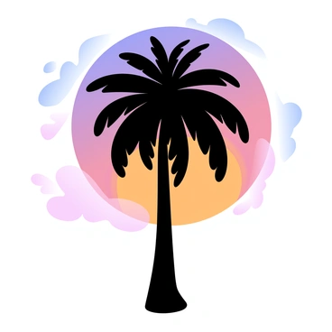 A silhouette of a date palm tree stands tall against a vibrant sunset. The tree features long, arching fronds with a distinctive shape. The sky is filled with gradient pastel colors, transitioning from deep orange near the horizon to rich purple higher up. Wisps of clouds are scattered throughout the sky, reflecting the hues of the sunset. The silhouette of the palm tree is sharply contrasted against the colorful backdrop, creating a striking image.