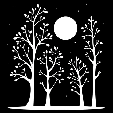 A dark forest with tall, twisted trees reaching upward. The trees have gnarled branches and dense foliage, casting intricate shadows on the ground. A full moon is visible in the night sky, illuminating the scene with a soft glow. The moonlight filters through the leaves, creating patterns of light and shadow on the forest floor.
