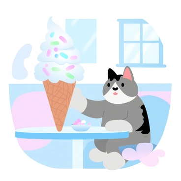 A cat with fluffy fur is sitting at a small table in a café. The cat's body is positioned toward a large ice cream cone that is placed on the table. The ice cream is topped with vibrant sprinkles and swirls of pastel colors. The background features pastel-colored walls and a soft ambiance. A small dish sits near the cat, indicating the presence of treats. A window shows bright daylight filtering into the space, enhancing the inviting atmosphere.