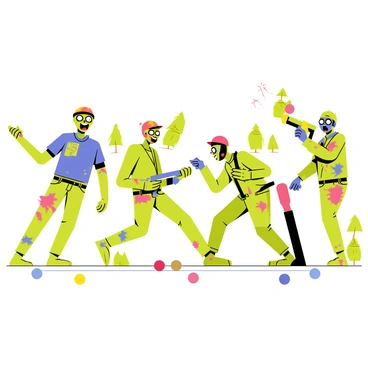 A group of zombies engaged in a lively game of paintball in an open field. The zombies exhibit various characteristics, with one sporting a tattered blue shirt and another wearing a ripped red cap. They are covered in vibrant splatters of paint in colors such as bright pink, neon green, and electric blue. The scene captures their amusing expressions, with one zombie laughing and another aiming a paintball gun. Surrounding them, paintball markers and colorful paintballs scattered on the ground add to the energetic atmosphere. A few trees are visible in the background, providing a playful contrast to the chaotic fun of the game.