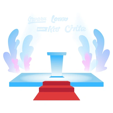 A stage is set for an awards ceremony, decorated with a backdrop featuring "sponsors' logos" in various sizes. Colorful illustrations are displayed on either side of the stage, enhancing the festive atmosphere. A sleek podium stands prominently at the center, ready for the presenters. Spotlights illuminate the stage, creating a vibrant ambiance. The floor is adorned with a red carpet leading up to the podium, inviting award recipients to step forward.