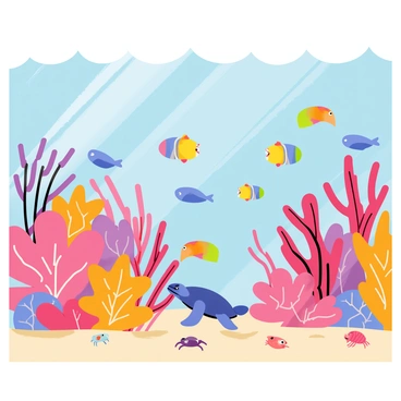 A vibrant coral reef with various shapes and colors, including pink, orange, and purple corals. Numerous exotic fish in bright hues, such as blue and yellow tangs, swim among the corals. Sea turtles glide gracefully through the water, while small shrimp and crabs scuttle on the sandy seabed. The water is clear, allowing sunlight to reach the ocean floor, illuminating the diverse marine life.