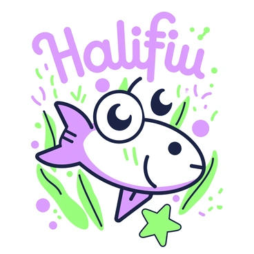 A children's book cover features a friendly halibut character with large, expressive eyes and a wide smile. The halibut is illustrated with a rounded body and flowing fins, creating a welcoming appearance. Surrounding the halibut are colorful seaweed and bubbles, enhancing the underwater theme. Above the character, the title of the book is displayed in playful, bold letters, while at the bottom, there is a small, bright starfish. The layout is playful and inviting for young readers.
