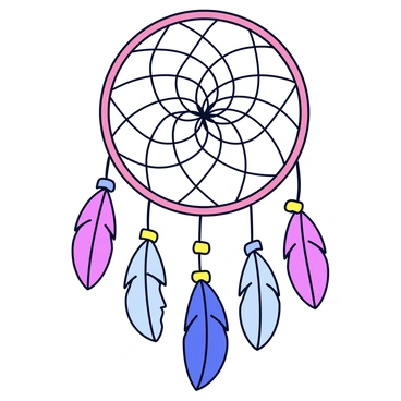 A circular dreamcatcher with a woven web design in the center. The dreamcatcher has several colorful feathers hanging from it, each adorned with small beads that catch the light. The dreamcatcher is positioned against a wall, and the intricate patterns of the web and the textures of the feathers cast delicate shadows on the surface of the wall.