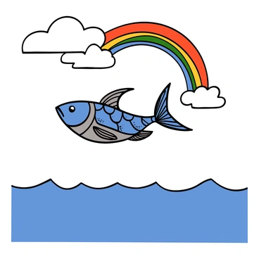 A flying fish with shimmering scales and large fins is leaping gracefully through the air. The fish has a sleek body with a vibrant blue and silver coloration. Above, a colorful rainbow is arching across the sky, casting bright hues over the scene. Below, the ocean is a deep blue, with gentle waves reflecting the light from the rainbow above. The sunlight glimmers on the water's surface, adding to the vibrant colors of the scene. The sky is clear with a few fluffy white clouds, creating a cheerful atmosphere.