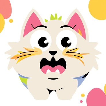 A cartoon character with large, round eyes and raised eyebrows, displaying a look of surprise. The character has singed, uneven whiskers that appear slightly charred, adding to the expression. Its mouth is open in a gasp, showing small teeth. The character's fur is fluffy and colorful, contrasting with the singed whiskers. The background features bright, playful colors to enhance the cartoon feel of the scene.