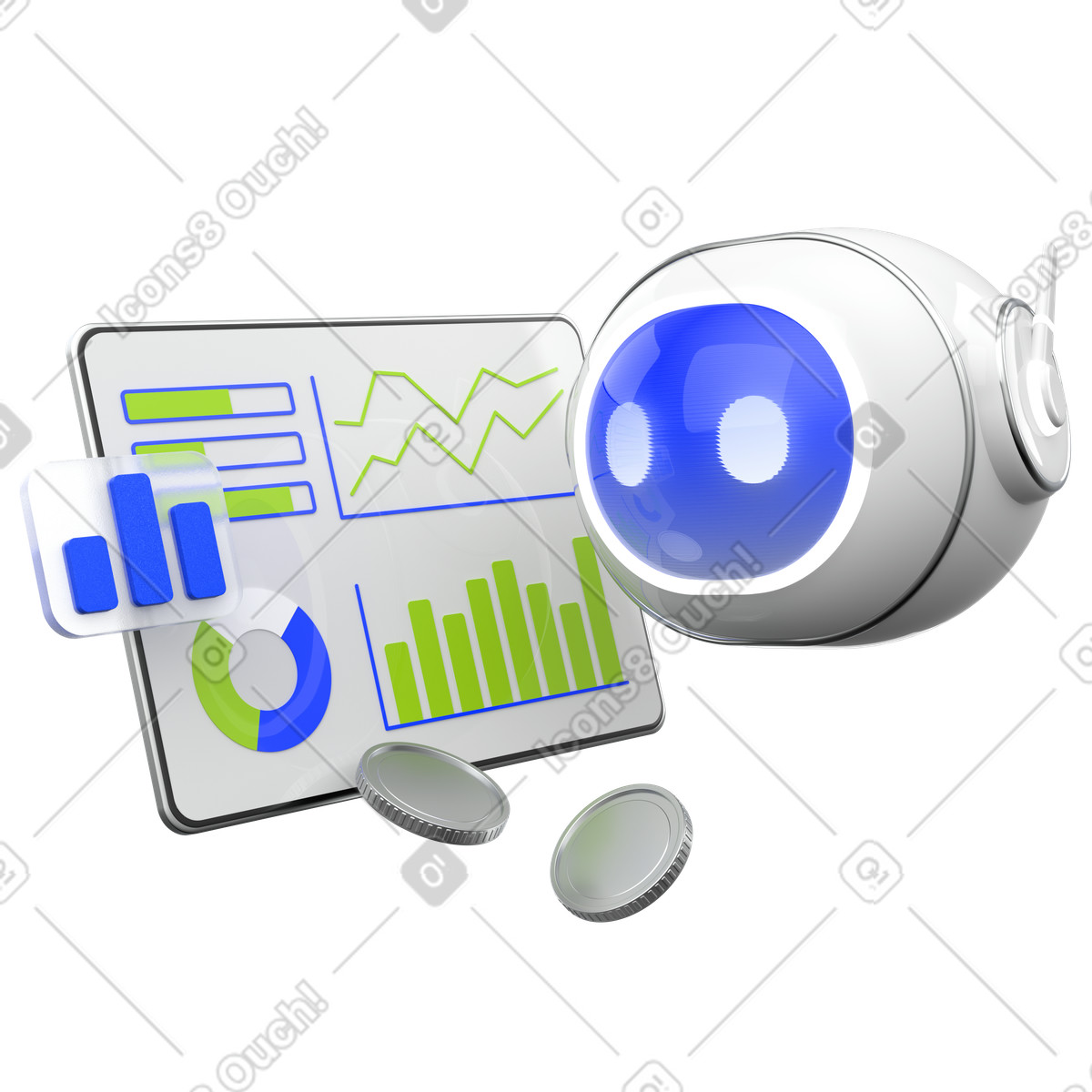 Illustration AI financial dashboard, Robot analytics display dans le style 3D Enterprise à télécharger aux formats PNG, SVG