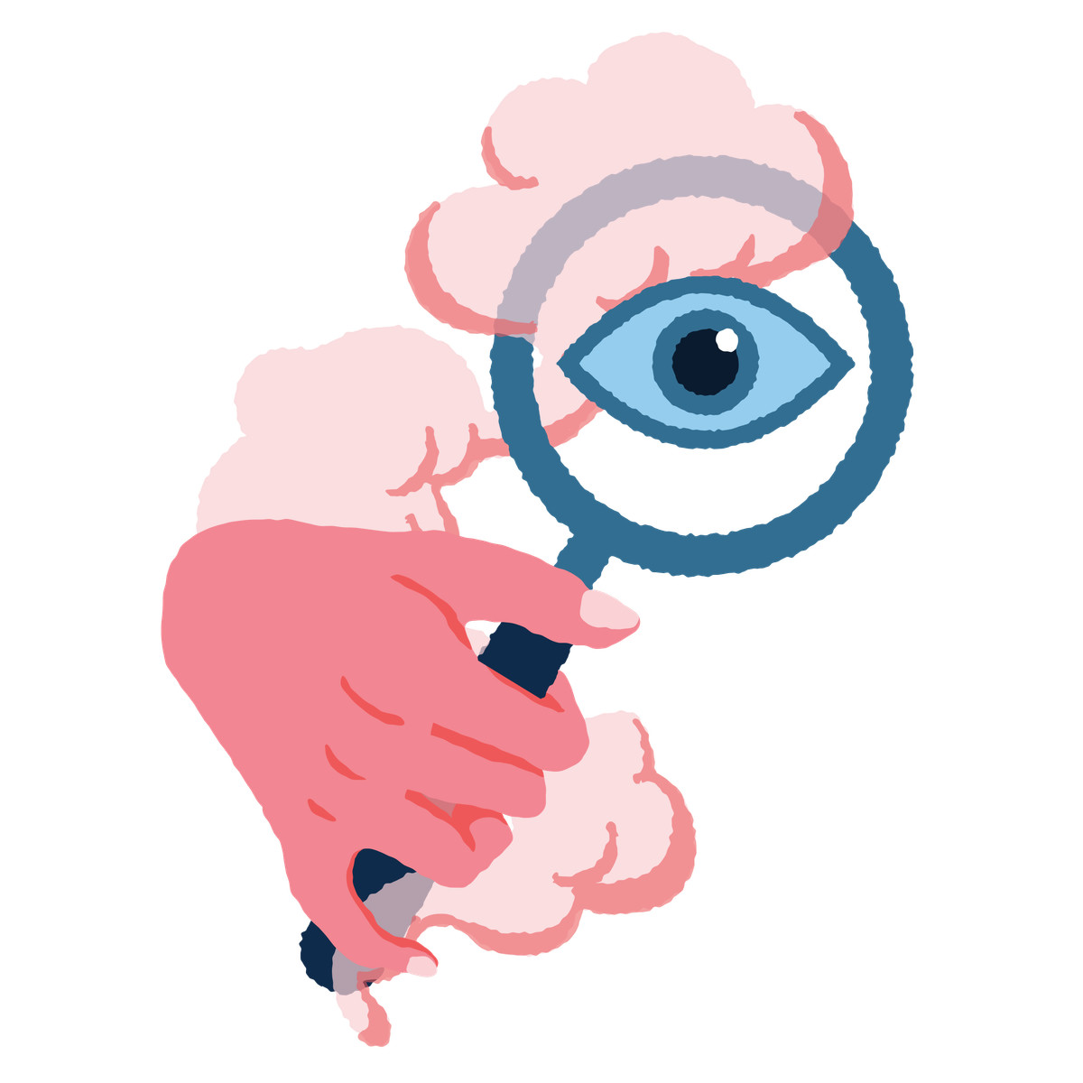 Hand holding magnifying glass with big eye-Illustration im Cherry-Stil als Download in PNG, SVG