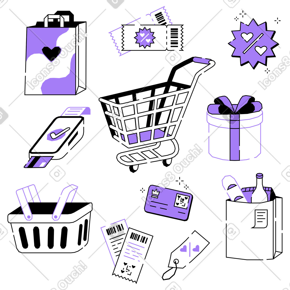 Shopping items with gifts and coupons illustration in Amethyst style download in PNG, SVG