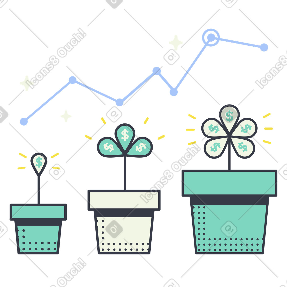 Money plants with dollar leaves and upward graph, Planting investments and harvesting wealth from profits, Saving and profit harvesting illustration in PNG, SVG