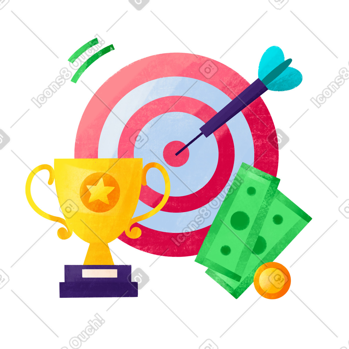 Target with money and a gold cup representing success illustration in Bonbon style download in PNG, SVG