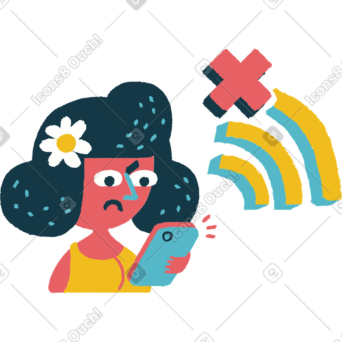 Upset user looking at phone with WiFi error sign, Network outage or disconnection illustration in Flamenco style download in PNG, SVG