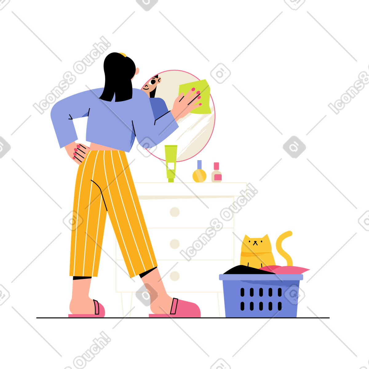 Polishing mirror with cloth, Housekeeping and home cleaning routine illustration in Juicy style download in PNG, SVG