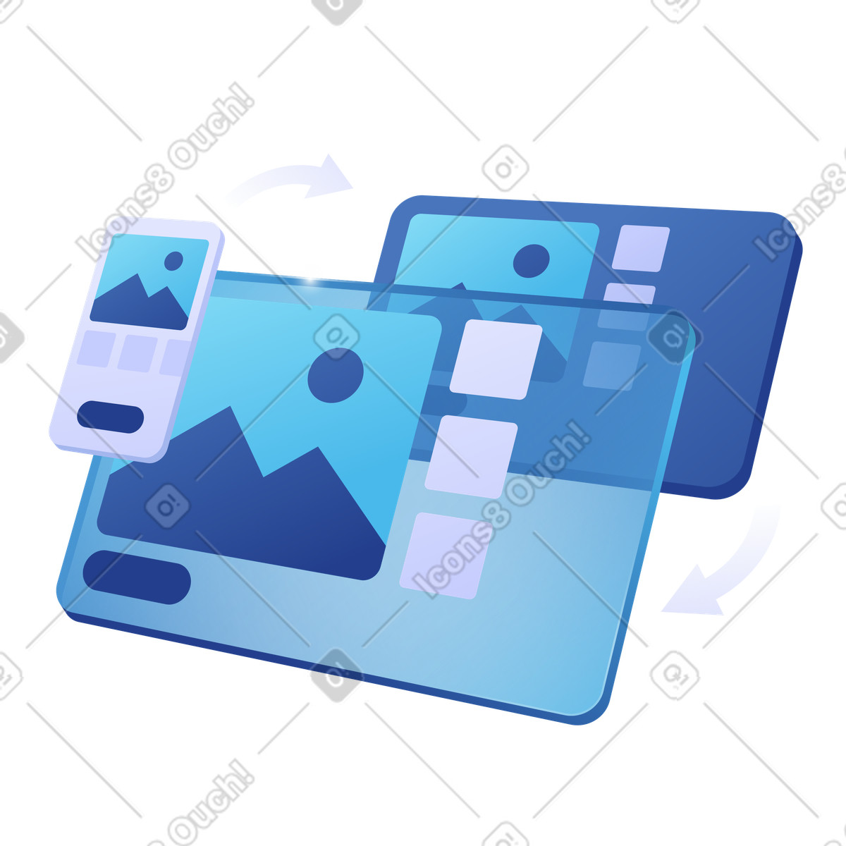 Overlapping app interface screens, Data synchronization and cross-platform integration illustration in Quantum style download in PNG, SVG