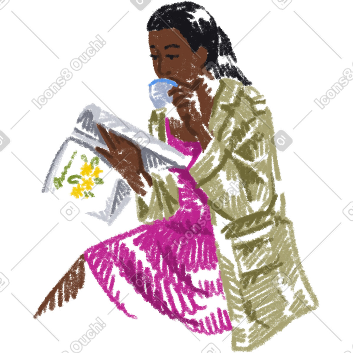 Illustration Young woman drinking coffee and reading a magazine dans le style Sketchbook à télécharger aux formats PNG, SVG