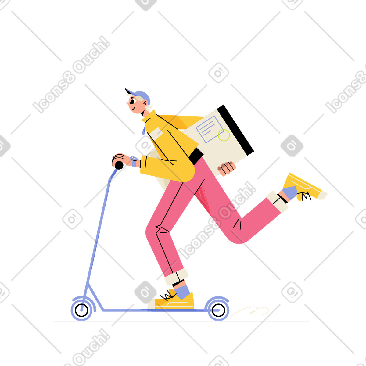 Juicy 스타일의 Kick scooter courier carrying box, fast shipping and logistics 애니메이션 일러스트레이션 GIF, Lottie(JSON), AE로 다운로드