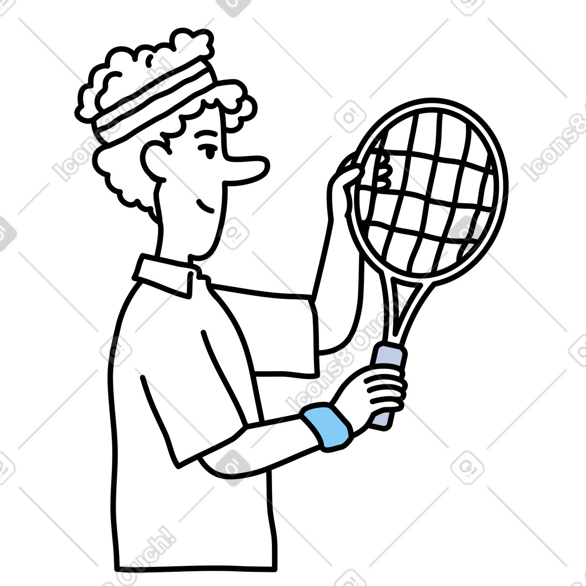 Young man with a racket illustration in Notes style download in PNG, SVG