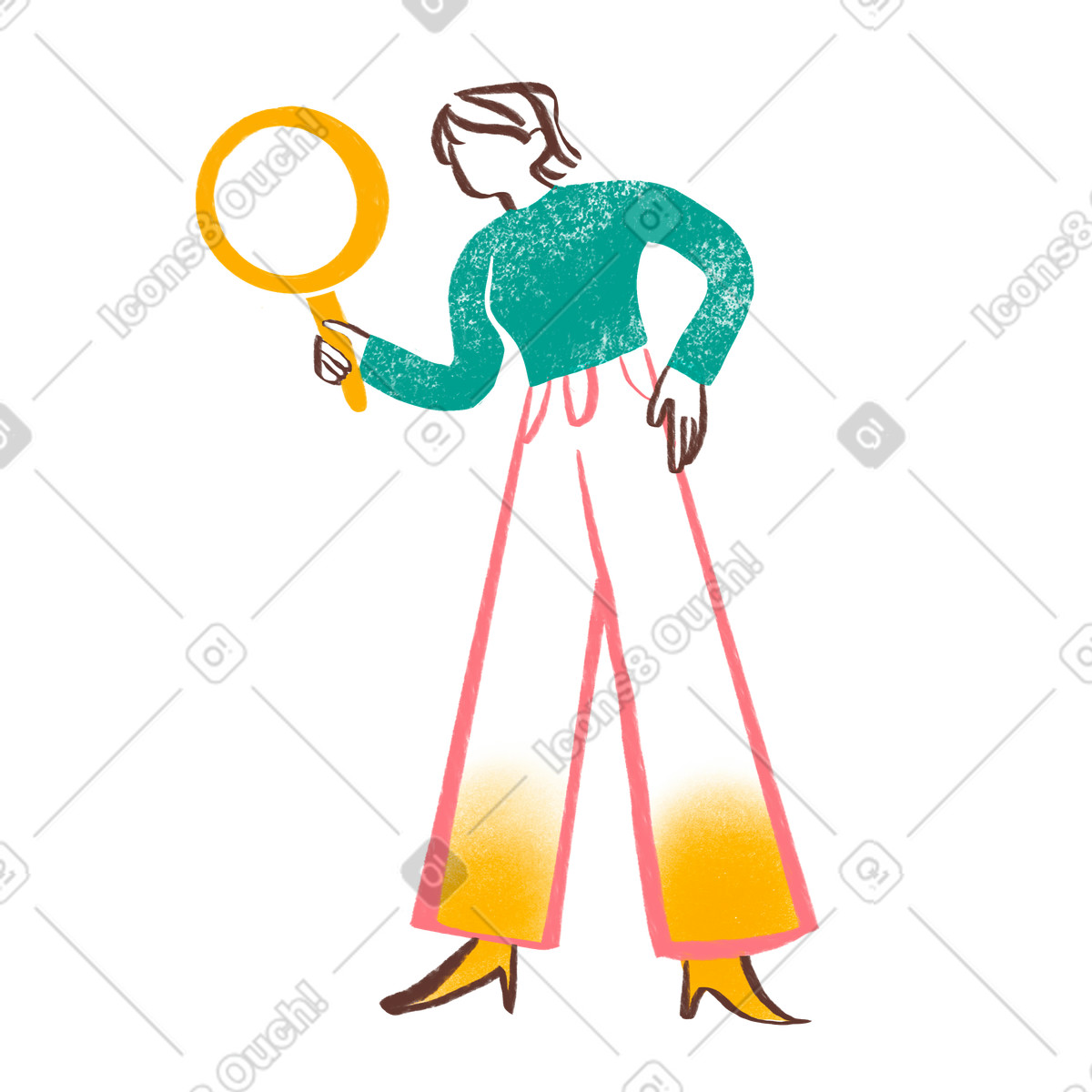 Woman looking into magnifying glass illustration in Company style download in PNG, SVG
