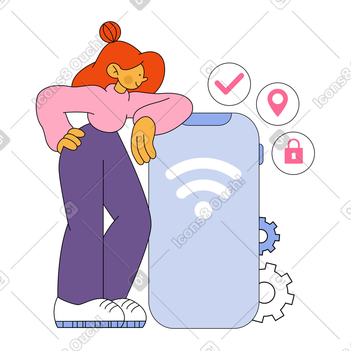 User controlling smart home with smartphone, automation technology illustration in Bloom style download in PNG, SVG