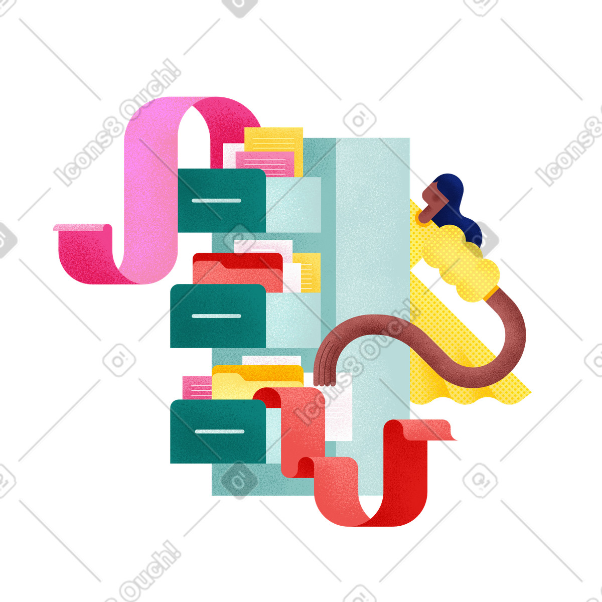 Busy employee with filing drawers and paperwork, Workflow record keeping illustration in Willowy style download in PNG, SVG