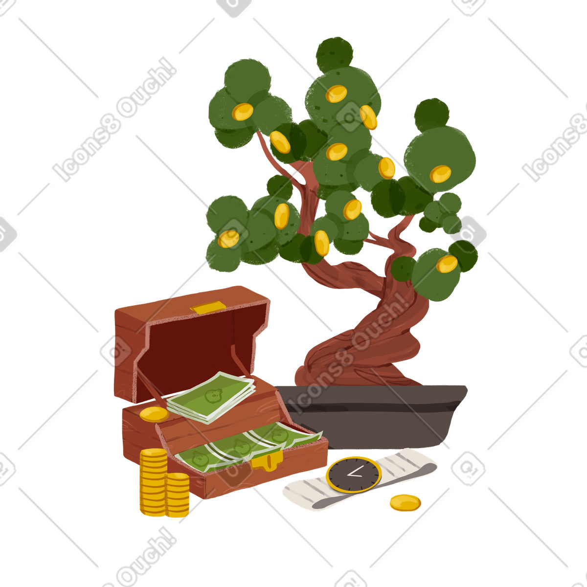 Ilustración Árbol de dinero con joyero en estilo Ikigai a descargar en PNG y SVG
