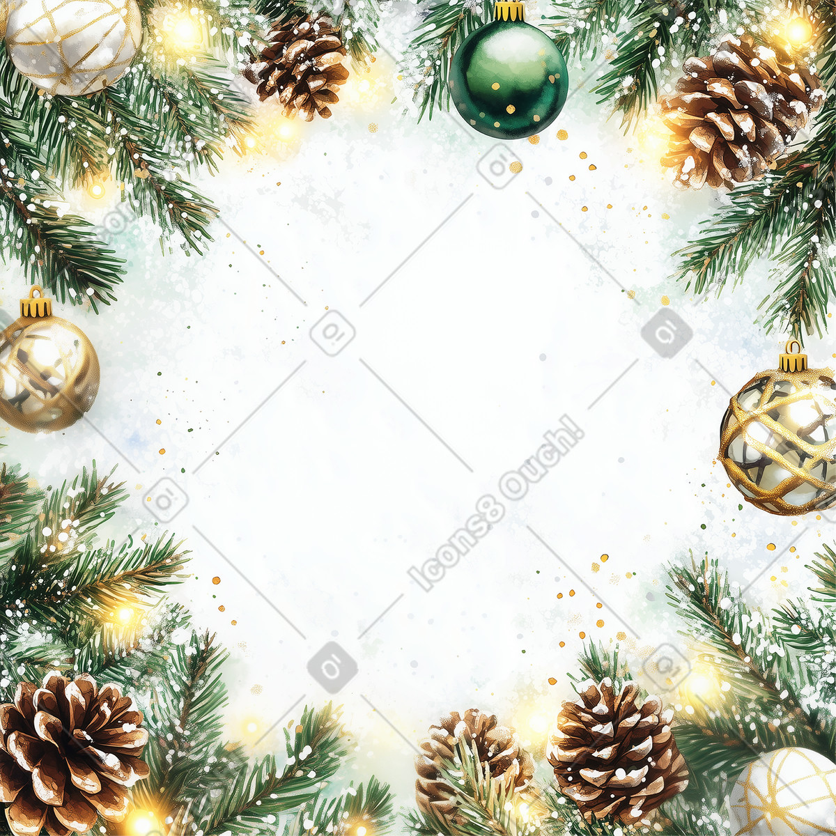 Postcards スタイルの Frame with christmas ornaments and tree brunches のイラストをPNG、SVG形式でダウンロード