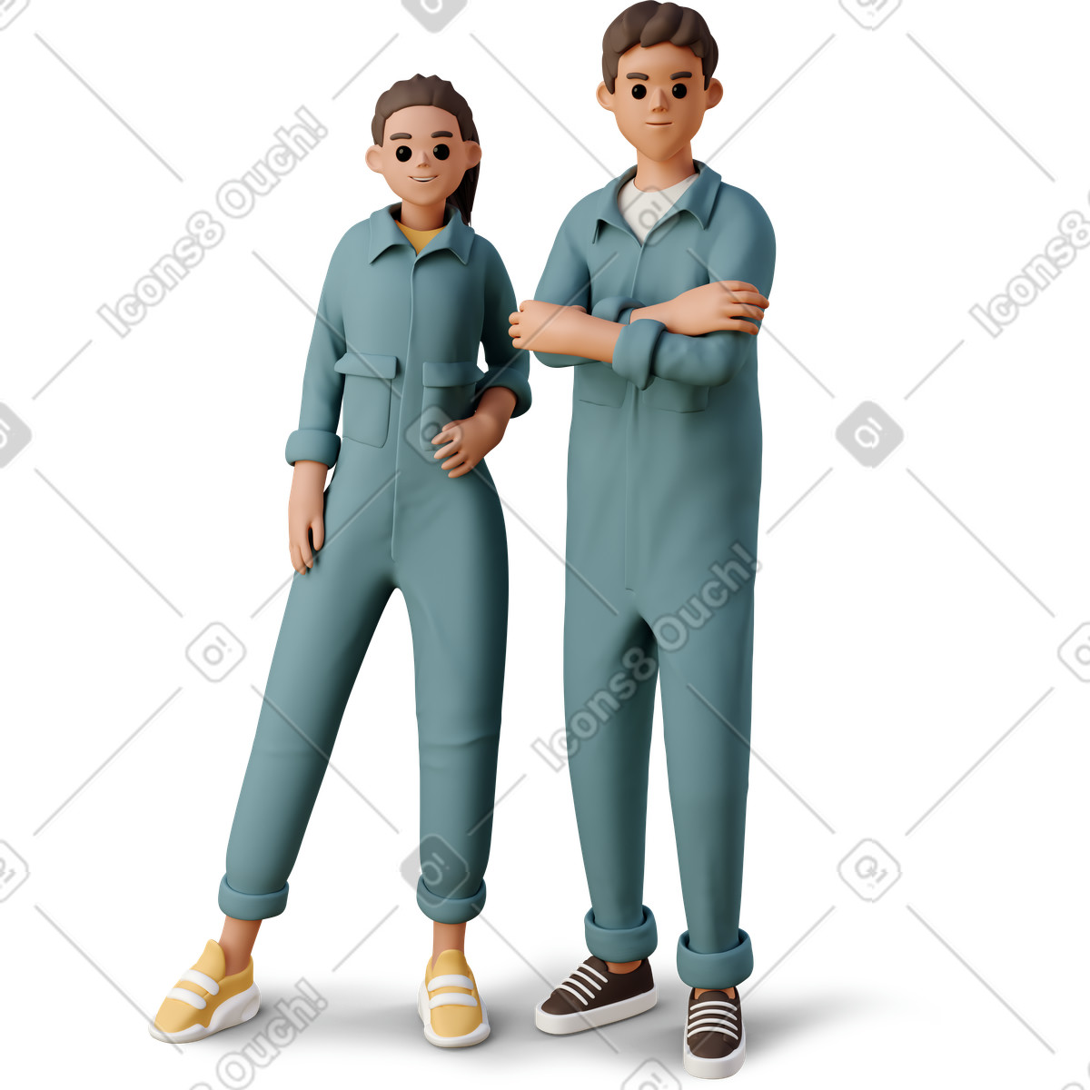 Ilustración Girl and boy in the worker jumpsuits en estilo 3D Casual life a descargar en PNG y SVG