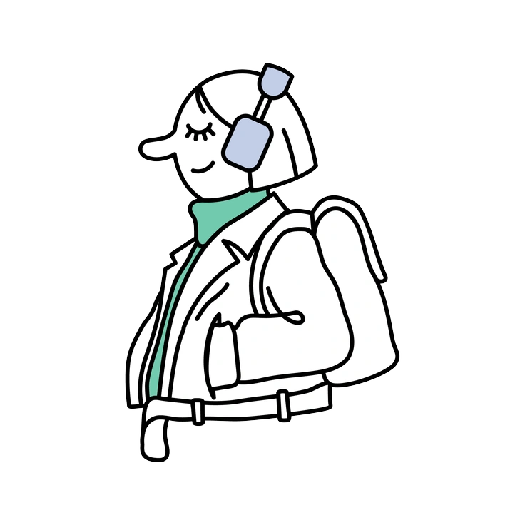 A woman with headphones and a backpack - Notes style illustration