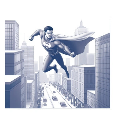 A superhero in a dynamic pose is soaring through a bustling cityscape. The figure is clad in a tightly fitted costume, showcasing muscular physique and flowing cape. Below, a variety of tall buildings and structures dominate the scene, with windows reflecting the activity of city life. Pedestrians and vehicles move about the streets, creating a sense of motion. The superhero's determined expression conveys a sense of purpose and strength as they navigate between the skyscrapers, capturing the energy of an urban environment.