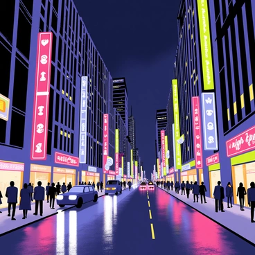 A bustling city street at night filled with tall buildings adorned with colorful neon lights. The neon signs in various shades of pink, blue, and green illuminate the scene, creating vibrant reflections on the wet pavement. Crowds of people are walking along the sidewalks, some pausing to look at shop windows. Cars and buses navigate the busy road, their headlights creating streaks of light. The sky is dark, contrasting with the bright lights of the city.