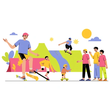 A skateboarding trainer, wearing a bright red helmet and a blue t-shirt, is demonstrating tricks to a group of excited kids at a colorful skate park. The park features vibrant ramps and graffiti murals in shades of green, orange, and yellow. Several children, wearing protective gear including knee and elbow pads, are attempting to practice their skills on small skateboards. One child is successfully performing a trick while others watch eagerly, with smiles on their faces. The scene is filled with energy as the sun shines brightly overhead.