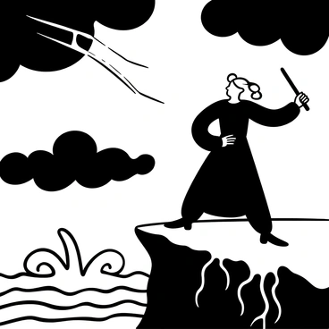 A woman with long, wild hair stands defiantly on a cliff's edge, holding a wand in one hand. She is wearing a long, flowing dark robe that billows dramatically in the wind. Dark clouds swirl overhead, and lightning strikes in the background, illuminating her figure. Waves crash violently against the rocky base of the cliff, sending sprays of water into the air. The atmosphere is charged with tension, emphasizing her unwavering stance against the storm.