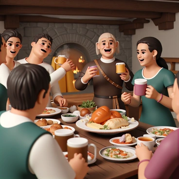 A lively medieval tavern scene with several locals gathered around a large wooden table. The table is filled with various foods, including a roasted chicken, bread loaves, and bowls of soup. People are laughing and talking, with some raising their mugs of ale in cheer. A man, wearing a brown tunic and a leather belt, is sharing a story, while a woman in a green dress is serving food from a large platter. In the background, a fireplace crackles, casting a warm glow over the wooden interior and enhancing the lively atmosphere.