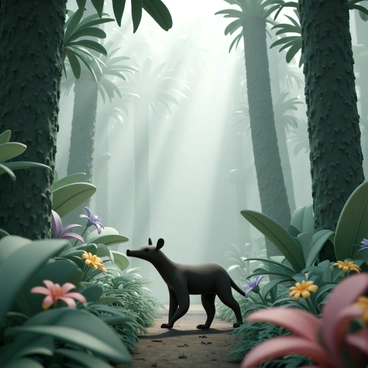 An anteater, with its long snout and distinctively elongated body, is walking through a misty tropical rainforest. The forest is dense with tall, green trees, their trunks covered in rich, dark moss. Surrounding the anteater are vibrant plants, including large, broad leaves in various shades of green and colorful flowers in hues of red, yellow, and purple. The air is filled with a fine mist, creating a soft, ethereal atmosphere, while shafts of light filter through the canopy, illuminating patches of the forest floor. The anteater's claws are visible as it steps carefully over a tangle of roots and small ferns.