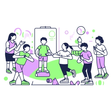 A school gym class filled with children actively participating in a fitness activity. In the center, several children are performing shoulder rolls, gracefully moving their arms and shoulders in a circular motion. Each child has a distinct expression of concentration and joy on their face. In the background, a colorful exercise mat is spread out on the gym floor, and a large wall-mounted mirror reflects the activity. A teacher is encouraging the students while standing at the side, clapping to motivate them. Various colorful gym equipment, such as balls and cones, is scattered around the gym.