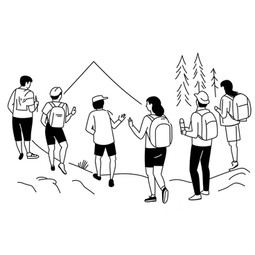 A trainer is walking at the front of a group of hikers on a mountain trail. The trainer is wearing a lightweight, long-sleeved shirt and cargo shorts, with a backpack secured to their back. They are gesturing with one hand while looking back at the group, which consists of three men and two women. The hikers are dressed in outdoor gear and are carrying water bottles. Surrounding them are tall trees and rocky outcroppings. The sky above is clear, suggesting a sunny day, and the path is winding through the scenic landscape.