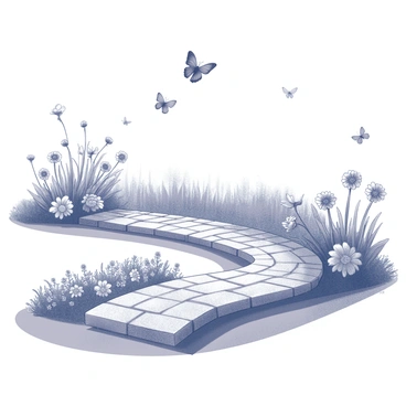 A winding garden path made of stone bricks, curving gently through a lush landscape. Flanking the sides of the path are various types of flowering plants with intricate details in their petals. Several butterflies, with distinct shapes and patterns on their wings, flutter above the path, adding movement to the scene. The overall composition captures the natural beauty of the garden, inviting the viewer to follow the path deeper into the greenery.