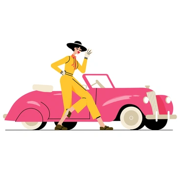 A stylish figure wearing a large wide-brimmed hat and elegant gloves stands next to a vintage car. The figure's face is obscured by the hat's shadow, creating an air of mystery. The vintage car is glossy and has a classic design, featuring a curved body and shining chrome details. The setting is bright and colorful, highlighting the figure's fashionable attire and the car's timeless elegance.
