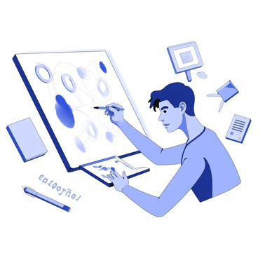 An artist is focused on painting on a digital canvas. The canvas displays various colorful abstract shapes and lines. The artist is using brushes that appear to be made of flowing code, with alphanumeric characters trailing behind them as they create. The artist has a determined expression, and their hands are positioned skillfully on a digital tablet. In the background, there are faint outlines of tools and gadgets typically found in a creative workspace, such as a stylus, sketchbooks, and a computer monitor.