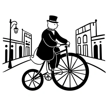 A Victorian cat dressed in an elegant coat and a small top hat is seated on an old-fashioned penny-farthing bicycle. The bicycle features a large front wheel and a smaller rear wheel, with ornate details on the frame. The cat's front paws rest on the handlebars, and a small scarf trails behind as the bicycle is in motion. The background includes a cobblestone street lined with vintage street lamps and brick buildings, adding to the historical ambiance of the scene.