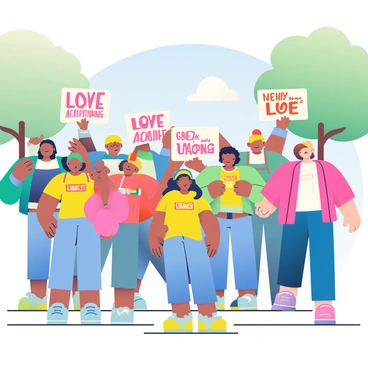 A diverse group of people is participating in a peaceful protest. They are standing together in a public space, displaying a variety of signs that promote "love" and "acceptance." The individuals include men and women of different ages, ethnicities, and backgrounds. Some are wearing bright t-shirts with positive messages, while others have colorful accessories like hats and headbands. The atmosphere is filled with a sense of unity and determination. In the background, trees are providing shade, and a clear blue sky stretches above, creating a warm and inviting setting.