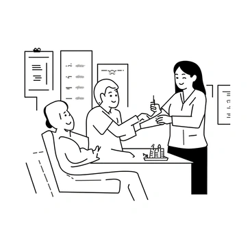 A nurse in scrubs is administering a vaccine to a patient seated on an examination table. The nurse has a friendly expression and is focused on the task, gently holding the patient's arm. The patient, a middle-aged individual, is looking relaxed and smiling. A white medical chart is clipped to the side of the table, and a sterile tray with vaccine vials and syringes is positioned nearby. The room is well-lit, with a few medical posters on the walls and a window showing light streaming in.