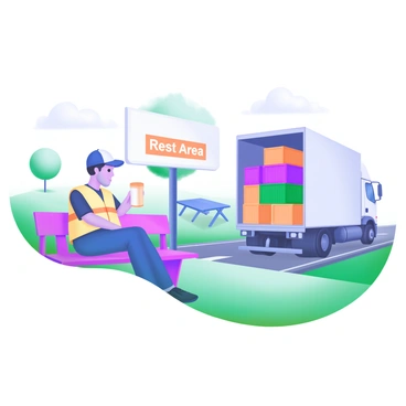 A transport driver is sitting on a bench at a roadside rest area, wearing a cap and a reflective vest. The driver has a relaxed posture, with one leg crossed over the other, and is sipping a coffee from a disposable cup. Nearby, a large, loaded truck is parked, showcasing various colorful cargo crates stacked neatly in its open trailer. The rest area features a sign with the words "Rest Area" prominently displayed in bold letters. There are a few trees and a picnic table in the background, creating a comfortable atmosphere. The sky is clear and bright, indicating a sunny day.