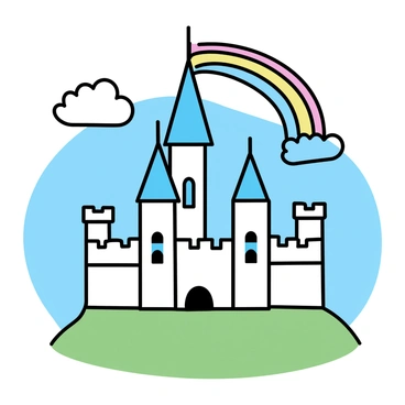A tall, majestic castle with tall spires and battlements sits prominently on a green hill. The castle has large stone walls and ornate windows that reflect light. Above the castle, a bright rainbow arcs gracefully across the sky, showcasing a spectrum of colors. The scene includes a clear blue sky with a few fluffy white clouds, adding to the enchanting atmosphere of the castle on the hill.