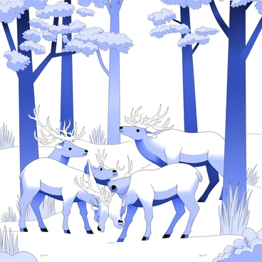 A herd of elk is standing in a forest clearing. Each elk has impressive antlers and a strong, muscular build. The group includes several individuals, some grazing while others are looking around, alert to their surroundings. The forest around them has tall trees with thick trunks and dense foliage, creating a natural frame for the animals. Sunlight filters through the leaves, casting dappled shadows on the ground where the elk are standing. In the background, there are hints of underbrush and small plants, adding depth to the scene.