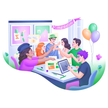 A group of young artists is gathered in a bright, modern studio, each holding their digital illustration diplomas. They are diverse in appearance, showcasing various hairstyles, clothing styles, and accessories. Some artists have colorful hair, while others wear glasses or distinctive hats. The environment is decorated with framed digital artworks on the walls, and there are tablets and styluses scattered on the tables. Balloons in pastel colors and a banner displaying "Congratulations" hang in the background. The artists are smiling joyfully, sharing high-fives and taking selfies to commemorate the occasion.